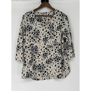 Chico's 3 XL Black/Blue Cheetah Print V Neck Shirt‎ Soft Comfort Casual Career